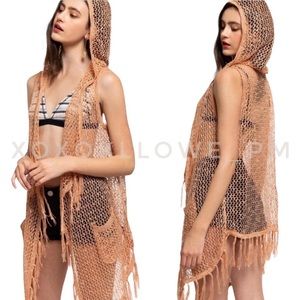 POL Peach Sparkle Fisherman Knit Hooded Fringe Vest